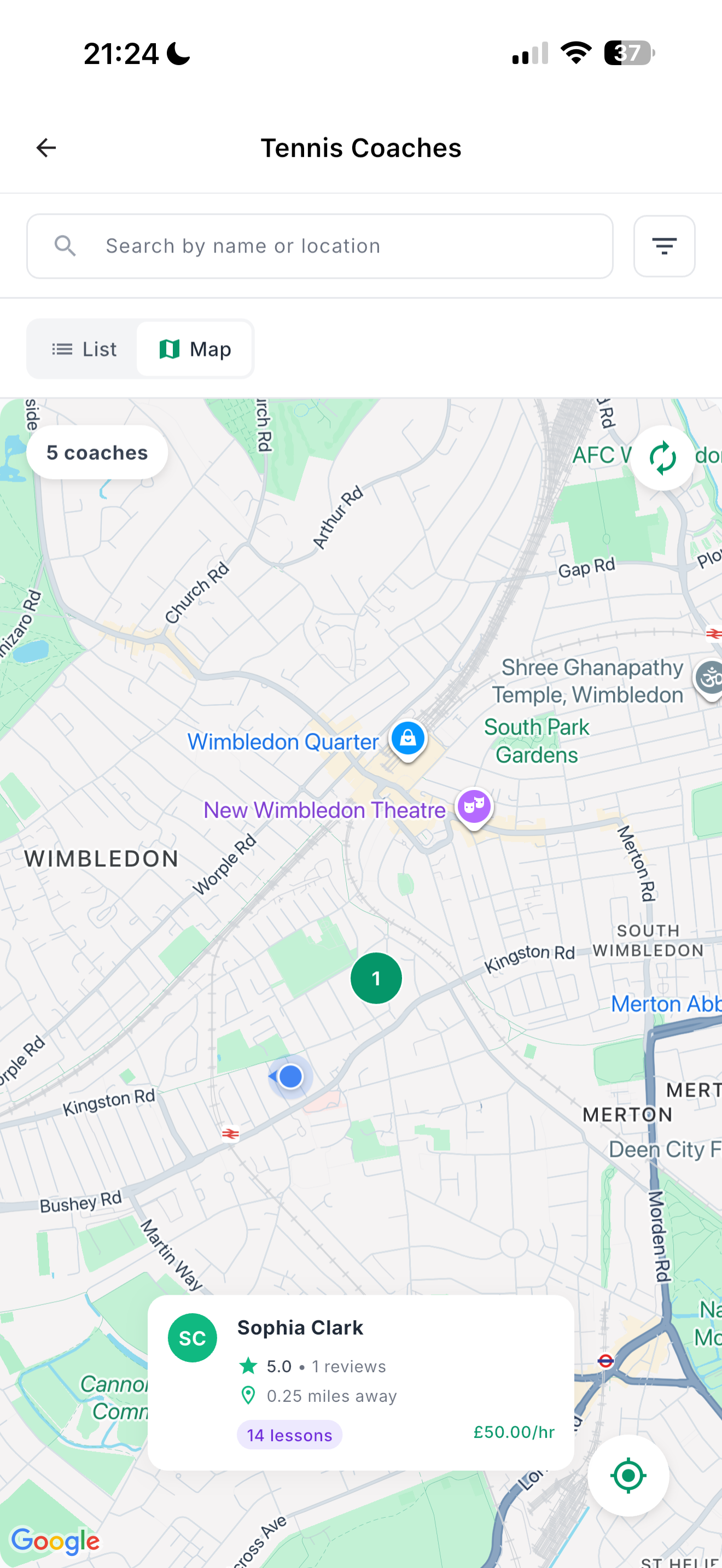 Find Coach via Location